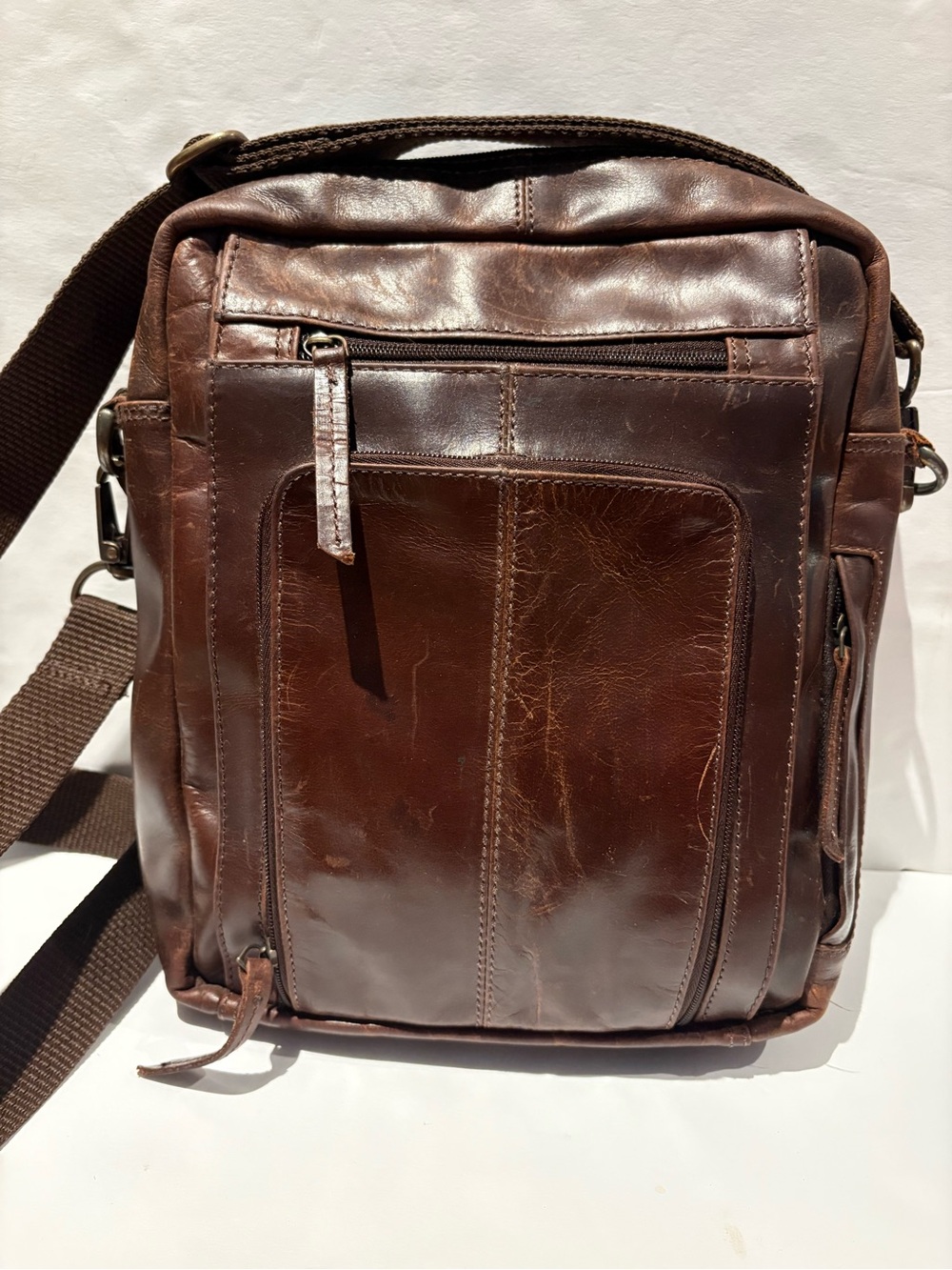 Classic Brown Leather Crossbody Messenger Bag for Men or Women.